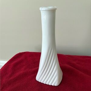 Vintage, mid 50’s Randal twisted ribbon milk glass bud vase.